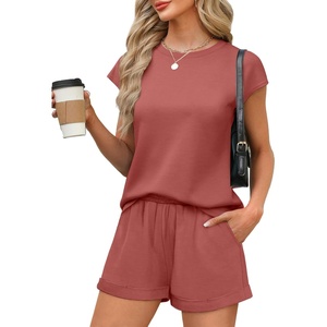 image:imageWIHOLL 2 Piece Sets for Women Casual Summer Travel Vacation Outfits Cap Sleeve Shorts Lounge SetRed