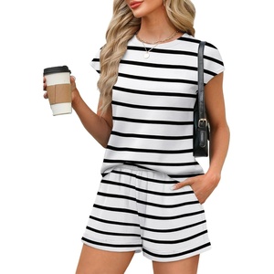 image:imageWIHOLL 2 Piece Sets for Women Casual Summer Travel Vacation Outfits Cap Sleeve Shorts Lounge SetStriped Black