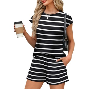 image:imageWIHOLL 2 Piece Sets for Women Casual Summer Travel Vacation Outfits Cap Sleeve Shorts Lounge SetStriped White
