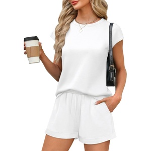 image:imageWIHOLL 2 Piece Sets for Women Casual Summer Travel Vacation Outfits Cap Sleeve Shorts Lounge SetWhite
