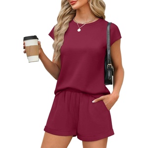 image:imageWIHOLL 2 Piece Sets for Women Casual Summer Travel Vacation Outfits Cap Sleeve Shorts Lounge SetWine