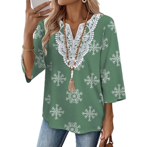 image:imageWIHOLL 34 Length Sleeve Womens Tops Boho V Neck Lace Shirt Trendy Blouses Dressy Casual Vacation Clothes S3XL01  Light Green
