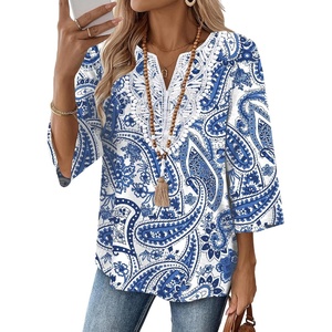 image:imageWIHOLL 34 Length Sleeve Womens Tops Boho V Neck Lace Shirt Trendy Blouses Dressy Casual Vacation Clothes S3XL02  White Tribal Blue Floral