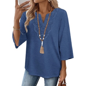 image:imageWIHOLL 34 Length Sleeve Womens Tops Boho V Neck Lace Shirt Trendy Blouses Dressy Casual Vacation Clothes S3XL04  Deep Blue