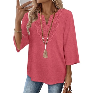 image:imageWIHOLL 34 Length Sleeve Womens Tops Boho V Neck Lace Shirt Trendy Blouses Dressy Casual Vacation Clothes S3XL04  Dusty Rose Pink