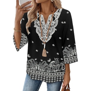 image:imageWIHOLL 34 Length Sleeve Womens Tops Boho V Neck Lace Shirt Trendy Blouses Dressy Casual Vacation Clothes S3XL05  Black Boho Print