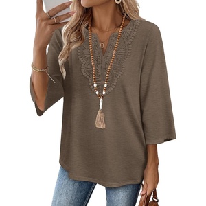 image:imageWIHOLL 34 Length Sleeve Womens Tops Boho V Neck Lace Shirt Trendy Blouses Dressy Casual Vacation Clothes S3XL05  Coffee Brown