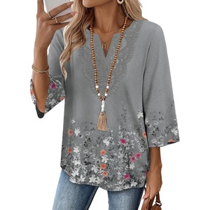 image:imageWIHOLL 34 Length Sleeve Womens Tops Boho V Neck Lace Shirt Trendy Blouses Dressy Casual Vacation Clothes S3XL05  Floral Grey