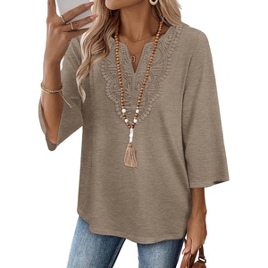 image:imageWIHOLL 34 Length Sleeve Womens Tops Boho V Neck Lace Shirt Trendy Blouses Dressy Casual Vacation Clothes S3XL05  Khaki