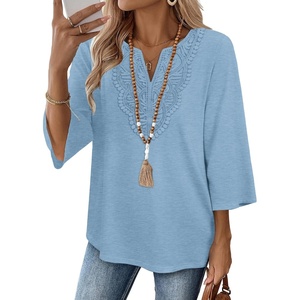 image:imageWIHOLL 34 Length Sleeve Womens Tops Boho V Neck Lace Shirt Trendy Blouses Dressy Casual Vacation Clothes S3XL05  Light Blue