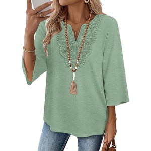 image:imageWIHOLL 34 Length Sleeve Womens Tops Boho V Neck Lace Shirt Trendy Blouses Dressy Casual Vacation Clothes S3XL05  Mint Green