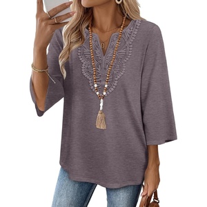 image:imageWIHOLL 34 Length Sleeve Womens Tops Boho V Neck Lace Shirt Trendy Blouses Dressy Casual Vacation Clothes S3XL05  Mocha Grey Purple