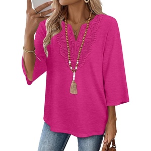image:imageWIHOLL 34 Length Sleeve Womens Tops Boho V Neck Lace Shirt Trendy Blouses Dressy Casual Vacation Clothes S3XL05  Pink