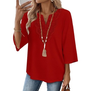 image:imageWIHOLL 34 Length Sleeve Womens Tops Boho V Neck Lace Shirt Trendy Blouses Dressy Casual Vacation Clothes S3XL05  Red