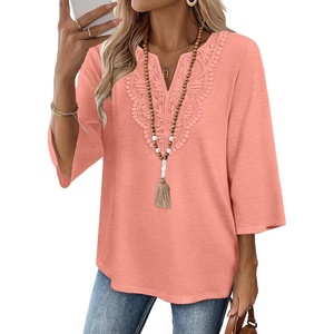 image:imageWIHOLL 34 Length Sleeve Womens Tops Boho V Neck Lace Shirt Trendy Blouses Dressy Casual Vacation Clothes S3XL06  Coral