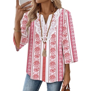 image:imageWIHOLL 34 Length Sleeve Womens Tops Boho V Neck Lace Shirt Trendy Blouses Dressy Casual Vacation Clothes S3XL08  Pink Stripe