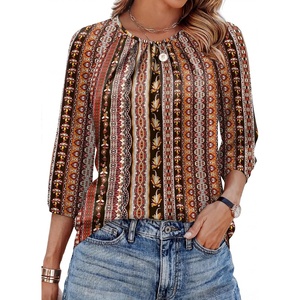 image:imageWIHOLL 34 Length Sleeve Womens Tops Pleated Front Crew Neck Blouses Dressy Casual Business Casual Spring Summer Shirts S3XL09  Brown Tribal