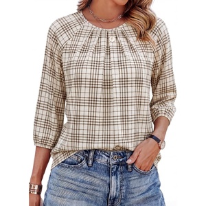 image:imageWIHOLL 34 Length Sleeve Womens Tops Pleated Front Crew Neck Blouses Dressy Casual Business Casual Spring Summer Shirts S3XL11  Beige Plaid