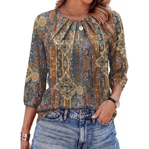 image:imageWIHOLL 34 Length Sleeve Womens Tops Pleated Front Crew Neck Blouses Dressy Casual Business Casual Spring Summer Shirts S3XL12  Blue Boho Stripe