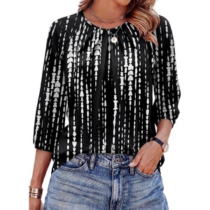 image:imageWIHOLL 34 Length Sleeve Womens Tops Pleated Front Crew Neck Blouses Dressy Casual Business Casual Spring Summer Shirts S3XL13  Black White Tie Dye