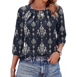 image:imageWIHOLL 34 Length Sleeve Womens Tops Pleated Front Crew Neck Blouses Dressy Casual Business Casual Spring Summer Shirts S3XL14  Navy Vintage Floral