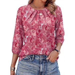 image:imageWIHOLL 34 Length Sleeve Womens Tops Pleated Front Crew Neck Blouses Dressy Casual Business Casual Spring Summer Shirts S3XL15  Pink Paisley