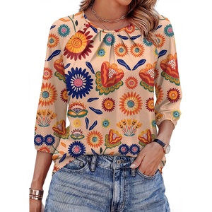 image:imageWIHOLL 34 Length Sleeve Womens Tops Pleated Front Crew Neck Blouses Dressy Casual Business Casual Spring Summer Shirts S3XL16  Beige Retro Floral