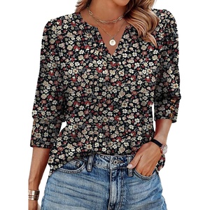 image:imageWIHOLL 34 Length Sleeve Womens Tops with Button Cuffs Dressy Casual V Neck Summer Outfits Early Fall Fashion Spring Clothes01  Black Floral Print