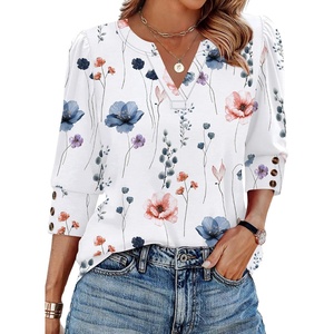 image:imageWIHOLL 34 Length Sleeve Womens Tops with Button Cuffs Dressy Casual V Neck Summer Outfits Early Fall Fashion Spring Clothes01  Floral Print