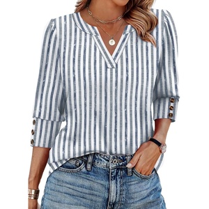 image:imageWIHOLL 34 Length Sleeve Womens Tops with Button Cuffs Dressy Casual V Neck Summer Outfits Early Fall Fashion Spring Clothes02  Blue Stripe