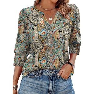 image:imageWIHOLL 34 Length Sleeve Womens Tops with Button Cuffs Dressy Casual V Neck Summer Outfits Early Fall Fashion Spring Clothes02  Boho Paisley Floral