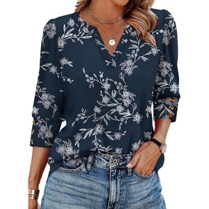 image:imageWIHOLL 34 Length Sleeve Womens Tops with Button Cuffs Dressy Casual V Neck Summer Outfits Early Fall Fashion Spring Clothes02  Navy Print