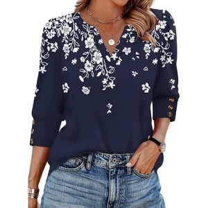 image:imageWIHOLL 34 Length Sleeve Womens Tops with Button Cuffs Dressy Casual V Neck Summer Outfits Early Fall Fashion Spring Clothes02  Navy White Floral