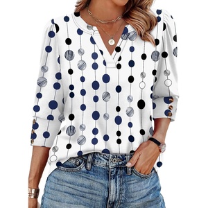 image:imageWIHOLL 34 Length Sleeve Womens Tops with Button Cuffs Dressy Casual V Neck Summer Outfits Early Fall Fashion Spring Clothes02  Navy White Polka Dot