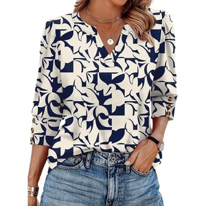 image:imageWIHOLL 34 Length Sleeve Womens Tops with Button Cuffs Dressy Casual V Neck Summer Outfits Early Fall Fashion Spring Clothes02  Navy White Print