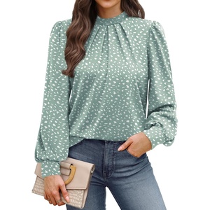 image:imageWIHOLL Long Sleeve Shirts for Women Mock Neck Tops Pleated Front Blouses Dressy Casual Spring Fall Clothes 2026 Fashion03  Sage Green Dots
