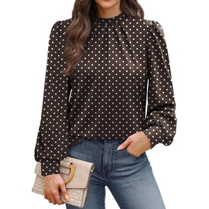 image:imageWIHOLL Long Sleeve Shirts for Women Mock Neck Tops Pleated Front Blouses Dressy Casual Spring Fall Clothes 2026 Fashion04  Brown Polka Dot