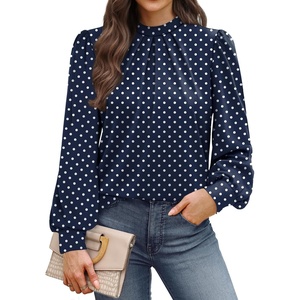 image:imageWIHOLL Long Sleeve Shirts for Women Mock Neck Tops Pleated Front Blouses Dressy Casual Spring Fall Clothes 2026 Fashion05  Navy Blue Polka Dot