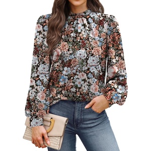 image:imageWIHOLL Long Sleeve Shirts for Women Mock Neck Tops Pleated Front Blouses Dressy Casual Spring Fall Clothes 2026 Fashion05  Vintage Pink Floral