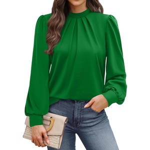 image:imageWIHOLL Long Sleeve Shirts for Women Mock Neck Tops Pleated Front Blouses Dressy Casual Spring Fall Clothes 2026 Fashion06  Green