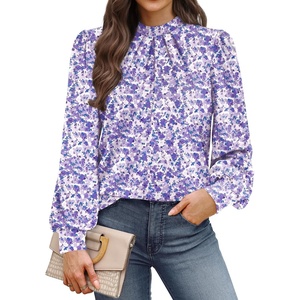image:imageWIHOLL Long Sleeve Shirts for Women Mock Neck Tops Pleated Front Blouses Dressy Casual Spring Fall Clothes 2026 Fashion06  Light Purple Floral