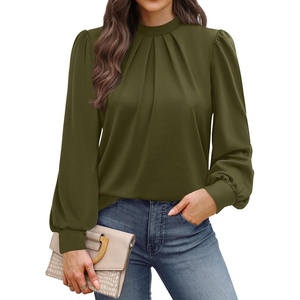 image:imageWIHOLL Long Sleeve Shirts for Women Mock Neck Tops Pleated Front Blouses Dressy Casual Spring Fall Clothes 2026 Fashion07  Army Green