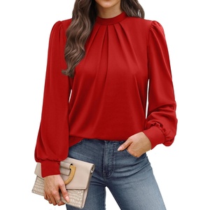 image:imageWIHOLL Long Sleeve Shirts for Women Mock Neck Tops Pleated Front Blouses Dressy Casual Spring Fall Clothes 2026 Fashion08  Red