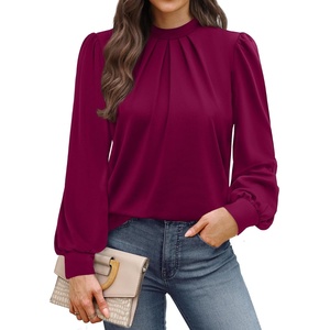 image:imageWIHOLL Long Sleeve Shirts for Women Mock Neck Tops Pleated Front Blouses Dressy Casual Spring Fall Clothes 2026 Fashion09  Purple Red