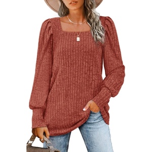 image:imageWIHOLL Long Sleeve Shirts for Women Trendy Casual Square Neck Tops Lightweight Sweaters01caramel