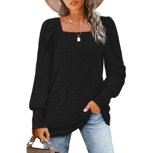 image:imageWIHOLL Long Sleeve Shirts for Women Trendy Casual Square Neck Tops Lightweight Sweaters03black