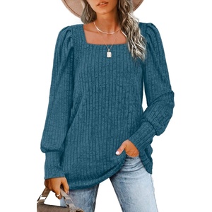 image:imageWIHOLL Long Sleeve Shirts for Women Trendy Casual Square Neck Tops Lightweight Sweaters05marine Blue
