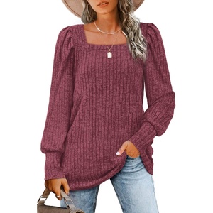 image:imageWIHOLL Long Sleeve Shirts for Women Trendy Casual Square Neck Tops Lightweight Sweaters07red