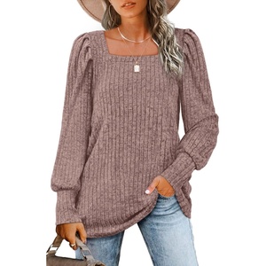 image:imageWIHOLL Long Sleeve Shirts for Women Trendy Casual Square Neck Tops Lightweight Sweaters08pink