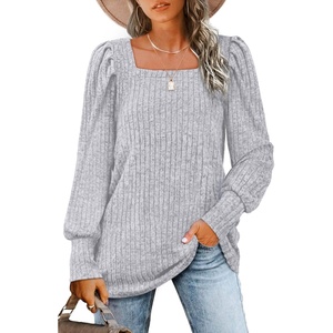 image:imageWIHOLL Long Sleeve Shirts for Women Trendy Casual Square Neck Tops Lightweight Sweaters09light Grey